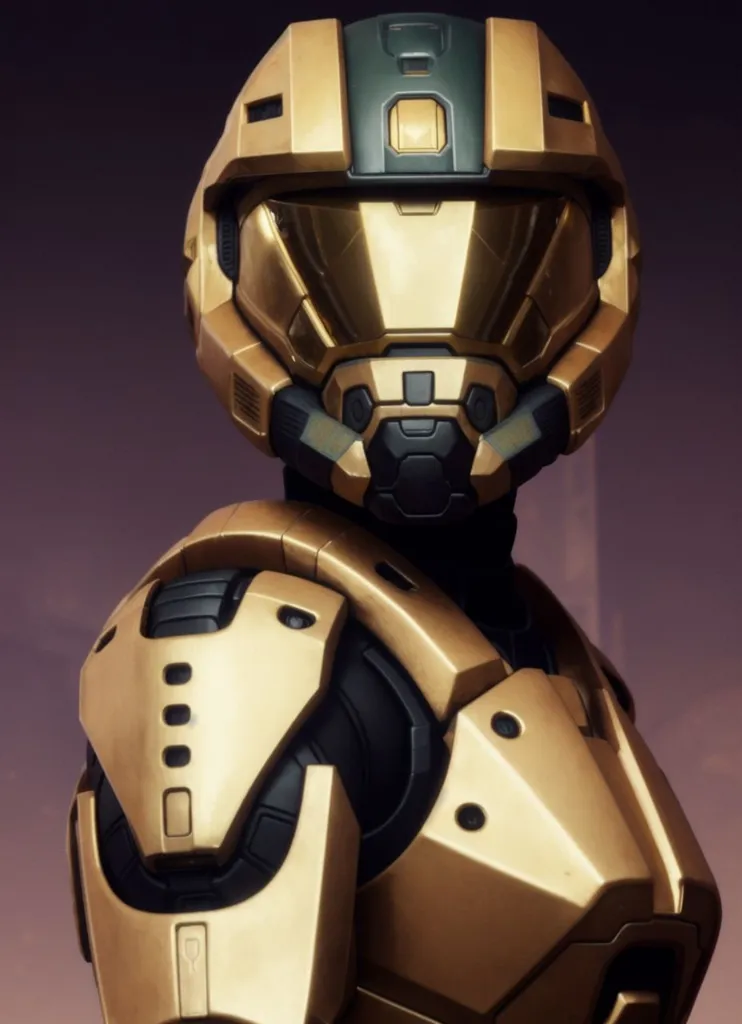 The image shows a Spartan wearing gold and black MJOLNIR Powered Assault Armor. The Spartan is standing in a dark room, with a light source on the left side of the image. The Spartan's helmet is facing the viewer, and the visor is reflecting the light source. The Spartan's shoulders are wide and the chest plate has a large green section in the middle. The arms and legs are covered in black and gold armor.