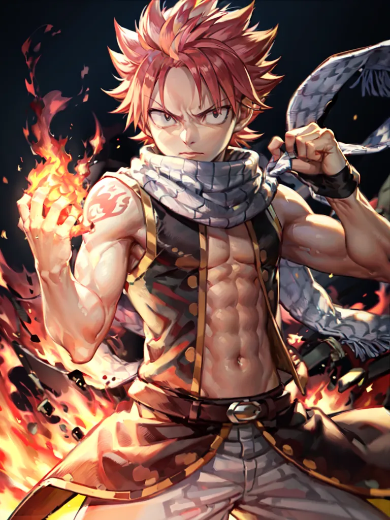 This is an image of the character Natsu Dragneel from the anime and manga series Fairy Tail. He is shown with his signature scarf and spiky pink hair. He is surrounded by flames and has a determined expression on his face. He is wearing a ragged vest and pants. He is in a fighting stance, with his right fist clenched and his left hand outstretched.