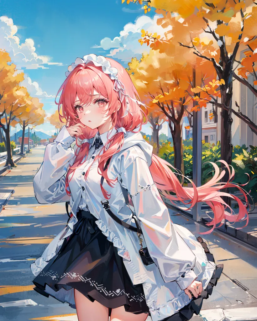 這張圖是一幅動漫風格的女孩畫作,她有粉色頭髮和藍色眼睛。她穿着一件白色襯衫、黑色裙子和一件白色外套。她還戴着一個白色的頭帶,上面有一個粉色的蝴蝶結。女孩站在一條樹林環繞的街道上,背景是建築物。天空是藍色的,有幾朵雲。女孩用一種害羞的表情看着觀衆。