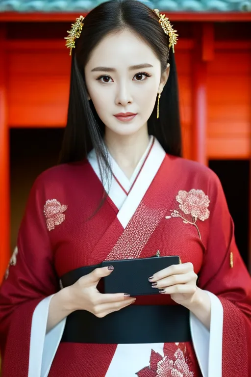 The picture shows a young woman in a red kimono with floral embroidery. The woman has long black hair and is wearing traditional Chinese hair accessories. She is also wearing a black obi sash around her waist. The woman is standing in front of a red wall with a black door. She is looking at the camera with a serious expression.