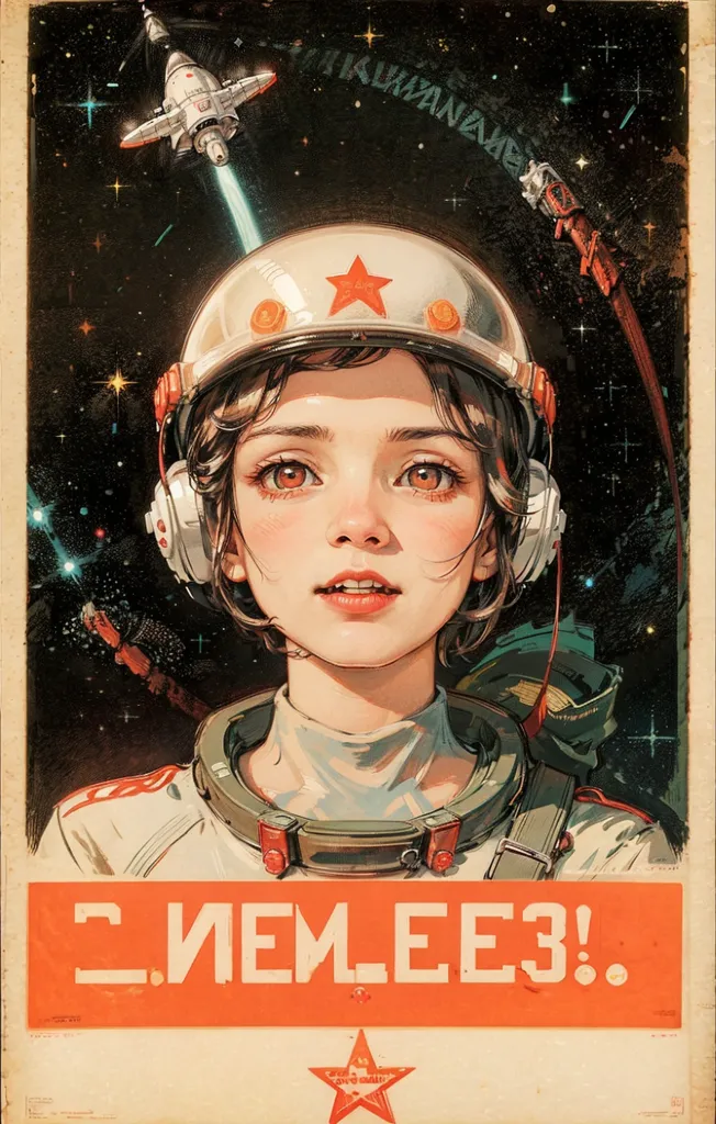 Voici le portrait d'une jeune fille en combinaison spatiale avec une étoile rouge sur son casque. Elle regarde vers la droite du cadre, qui est rempli d'étoiles et d'une fusée. La fille a les cheveux bruns et les yeux bruns, et elle porte une combinaison spatiale blanche avec un col rayé rouge et blanc. La combinaison spatiale porte l'inscription CCCP (URSS) sur l'épaule. L'arrière-plan est bleu foncé, et il y a des étoiles et une fusée au loin. La fille sourit.