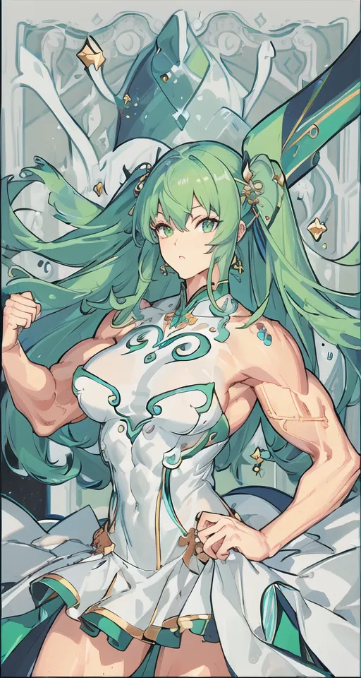 The image is of a muscular woman with long green hair. She is wearing a white dress with green accents. The woman is standing in a confident pose, with her fists clenched at her sides. She has a determined expression on her face. The background is a blur of light green and white.