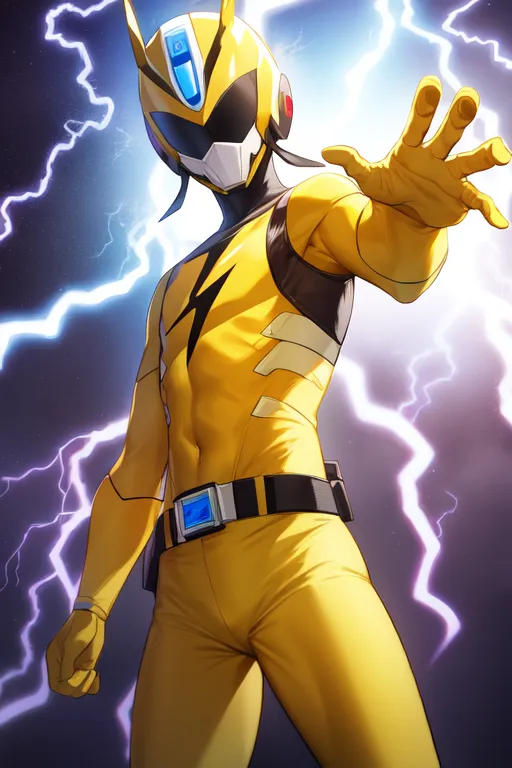 The image shows a superhero with a yellow and black costume. There are white lightning bolts on the yellow parts of the suit. The superhero is also wearing a black mask and a yellow helmet with a visor. There is lightning in the background, and the superhero appears to be ready to fight.