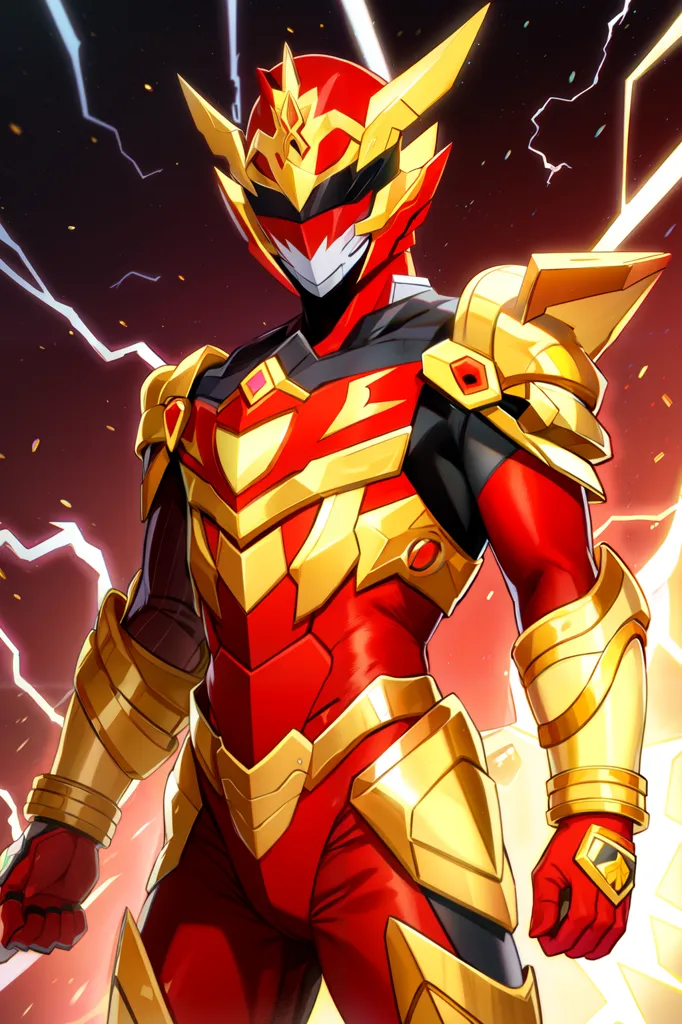 The image shows a superhero wearing a red and gold suit of armor. The superhero is standing in a heroic pose. There is lightning in the background.