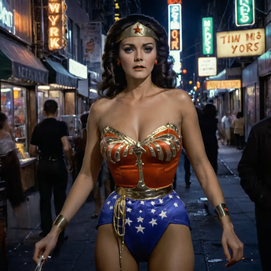 This is a picture of Wonder Woman, a superhero. She is wearing her iconic red, white, and blue costume. She has long, dark hair and blue eyes. She is standing in a city street, with a determined expression on her face. She looks ready to fight for justice.