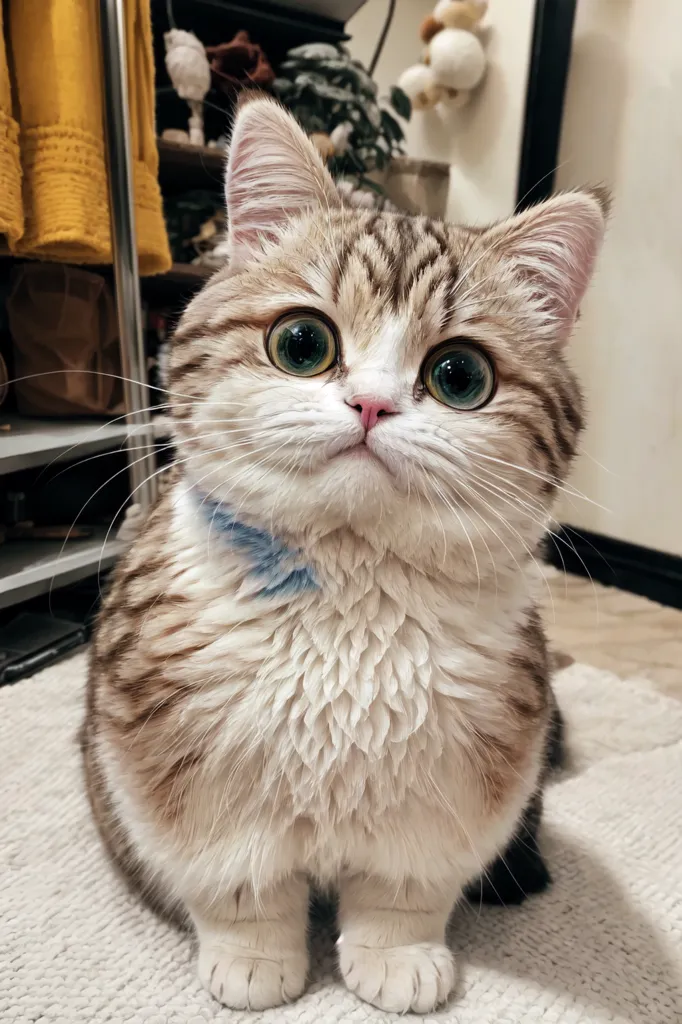 The image shows a munchkin cat sitting on a white carpet. The cat has big green eyes, a pink nose, and a blue collar. Its fur is light brown with dark brown stripes. The cat is looking up at the camera with a curious expression. There is a coat rack and a fluffy white toy in the background.