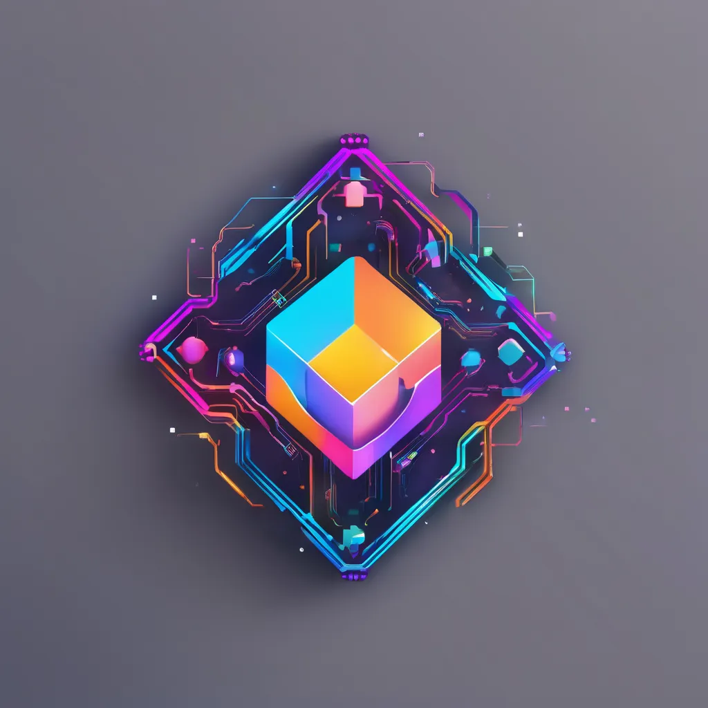 The image is a colorful 3D rendering of a cube. The cube is made up of multiple smaller cubes, each of which is a different color. The colors are arranged in a gradient, with the brightest colors at the center of the cube and the darkest colors at the edges. The cube is surrounded by a frame of brightly colored circuit boards. The image has a futuristic and technological feel to it.