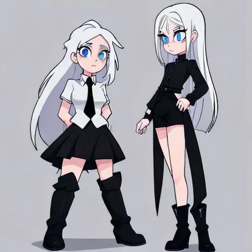 This is an image of two anime-style girls with white hair and blue eyes. They are both wearing black skirts and white shirts. The girl on the left has short hair and is wearing a tie. The girl on the right has long hair and is wearing a black jacket.