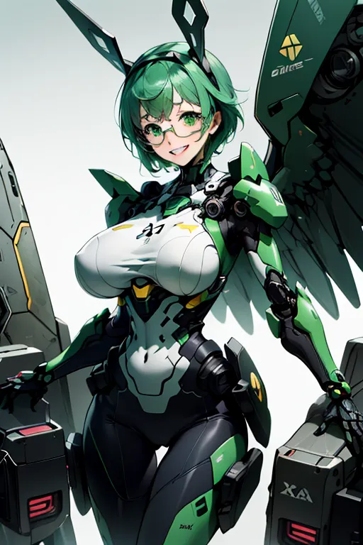 The image depicts an anime-style female character with green hair and eyes. She is wearing a green and white bodysuit with a pair of large guns attached to her back. She has a friendly smile on her face and appears to be ready for battle.