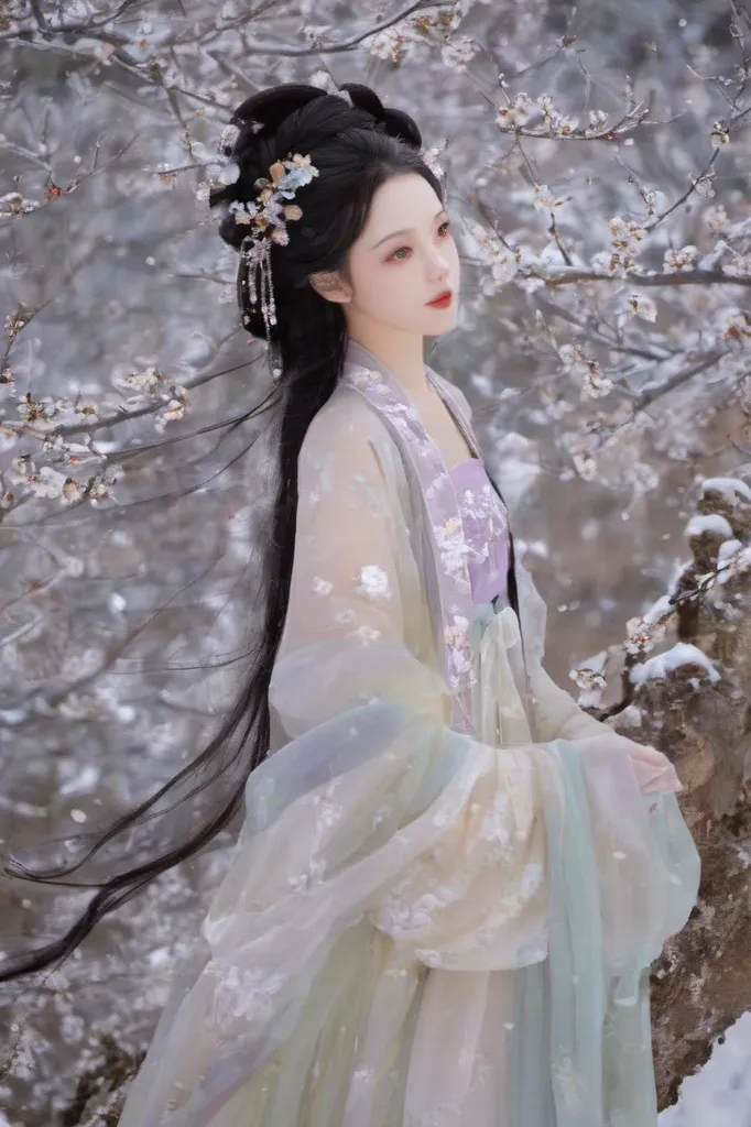 The image shows a young woman in a traditional Chinese dress standing in a snowy forest. She is wearing a white and purple dress with a long flowing skirt and a white fur coat. Her hair is long and black, and she is wearing a traditional Chinese headdress with flowers and pearls. The woman is standing in a graceful pose, and she looks like a fairy who has come down to earth. The image is very beautiful and ethereal, and it captures the beauty of the Chinese winter landsc