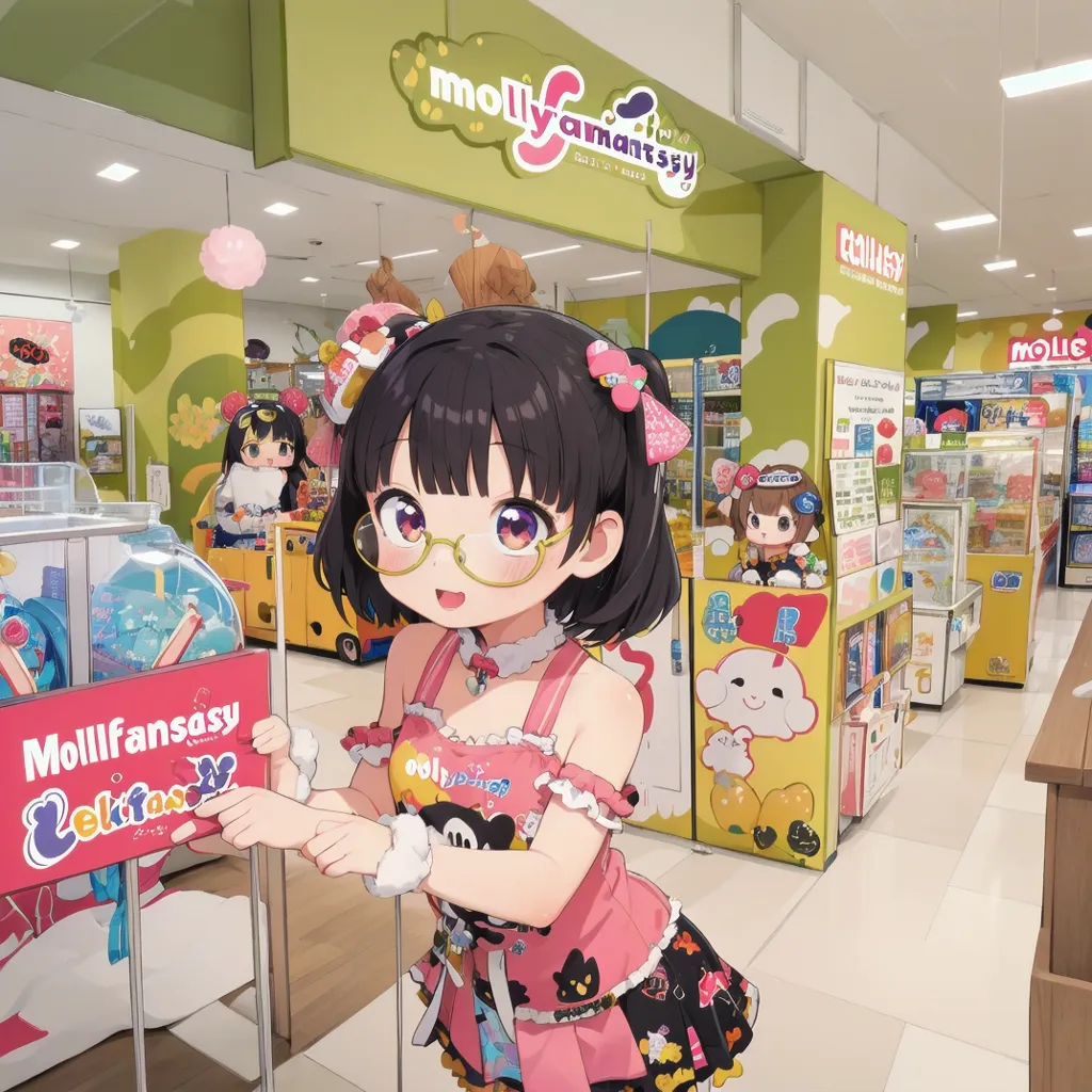 The image is of a young girl with short brown hair and purple eyes. She is wearing a pink dress with a white collar and black sleeves. She is also wearing glasses and a yellow headband with cat ears. She is standing in a store that sells toys and games. There are shelves of toys and games behind her, and there is a counter in front of her. The girl is smiling and pointing at a sign on the counter. The sign says "Molly Fantasy".