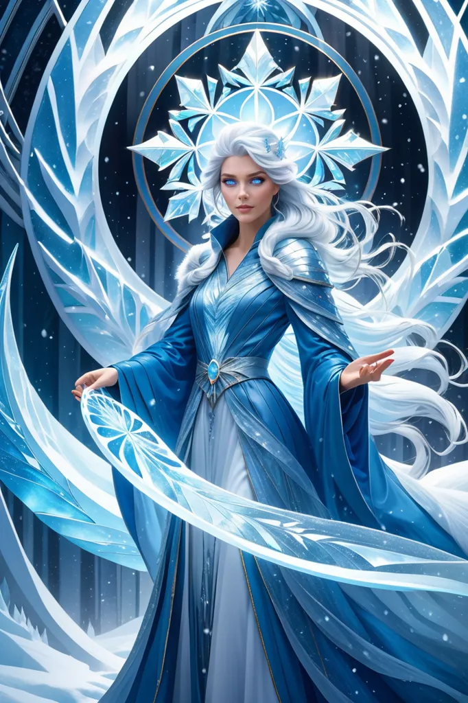 This is a picture of the Snow Queen. She is a tall, beautiful woman with long white hair and blue eyes. She is wearing a long, flowing blue dress with a white fur trim. She is standing in a snowy forest, and there is a snowflake-shaped symbol glowing behind her. She has her arms outstretched, and she looks like she is about to cast a spell.