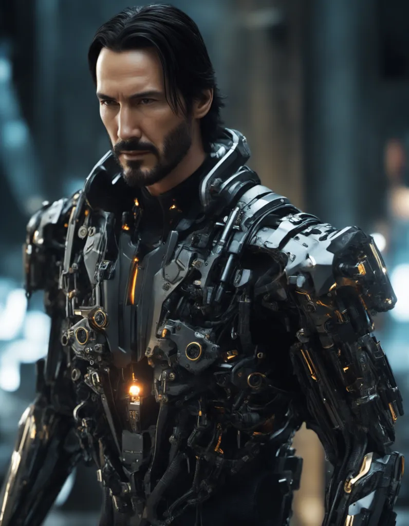 This is an image of Keanu Reeves. He is wearing a black leather jacket and a black shirt. He has a beard and his hair is short and black. He is standing in front of a dark background. There are some lights in the background. He is looking at the camera.