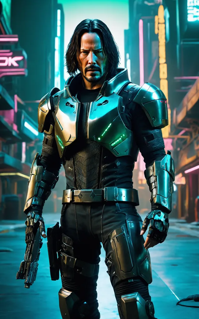 This is an image of Keanu Reeves in a still from the movie "John Wick 4". He is wearing a black leather outfit with a green and gray chest plate. He is also wearing a black utility belt and a pair of black boots. He has a gun in his right hand and is looking to his left with a stern expression. The background is a blurred city street with neon lights.