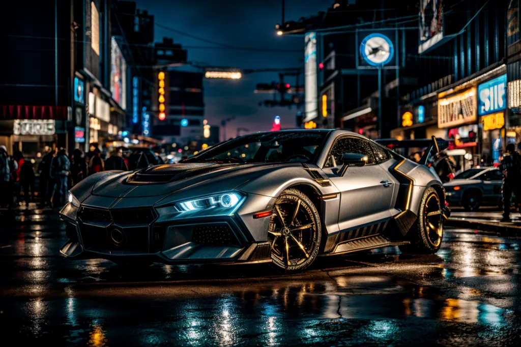 A silver sports car is parked on a wet city street at night. The car is sleek and futuristic, with sharp lines and a low profile. It has a long hood and a short trunk, and its wheels are exposed. The city is in the background, with its lights reflecting off the wet pavement. The car is a symbol of power and status, and it is clear that the driver is someone who enjoys the finer things in life.