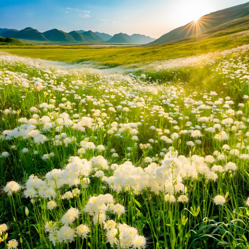 The image shows a vast field of white flowers stretching to the horizon. There are distant mountains and a setting sun casting a golden glow over the scene. The flowers are in full bloom and there is a sense of peace and tranquility.