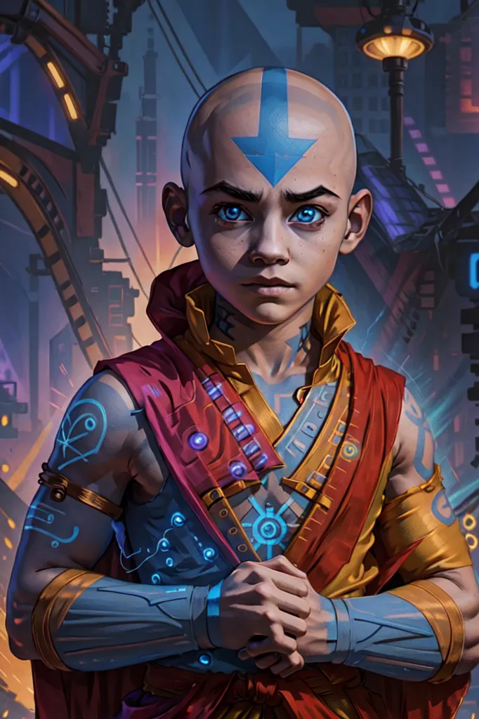 The image is a depiction of Aang, a character from the animated television series Avatar: The Last Airbender. He is shown as a young boy with blue eyes and a bald head, wearing an orange and red outfit. He has tattoos on his arms and face, and is standing in a futuristic city with a determined expression on his face.