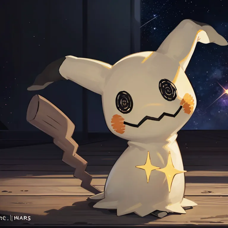 This is an image of a Pokemon. It is a small, white creature with a mischievous expression on its face. It has black eyes and a red mouth. Its body is covered in a white sheet, and it has a long, pointed tail. It is standing on a wooden floor, and there is a starry night sky in the background.