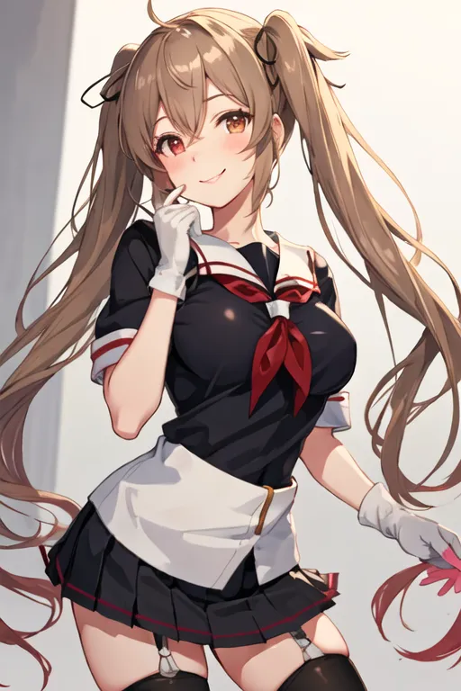 The image depicts an anime girl with long brown hair and brown eyes. She is wearing a white and black sailor-style outfit with a red scarf. She has a gentle smile on her face and is looking at the viewer.