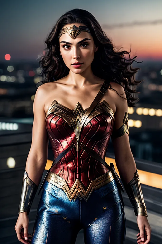 This is an image of Wonder Woman, a superhero from DC Comics. She is standing on a rooftop, looking down at the city. She is wearing her iconic red, white, and blue costume, with a golden tiara on her head and a golden lasso around her waist. Her hair is long and flowing, and her eyes are blue. She has a determined expression on her face, and she is ready to fight for justice.