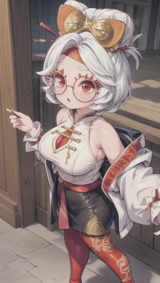 The image is a painting of a young woman with white hair and red eyes. She is wearing a white and red cheongsam, a black skirt, and a pair of glasses. She is holding a cigarette in her right hand. The background is a Chinese-style room with a wooden floor and a wooden door.