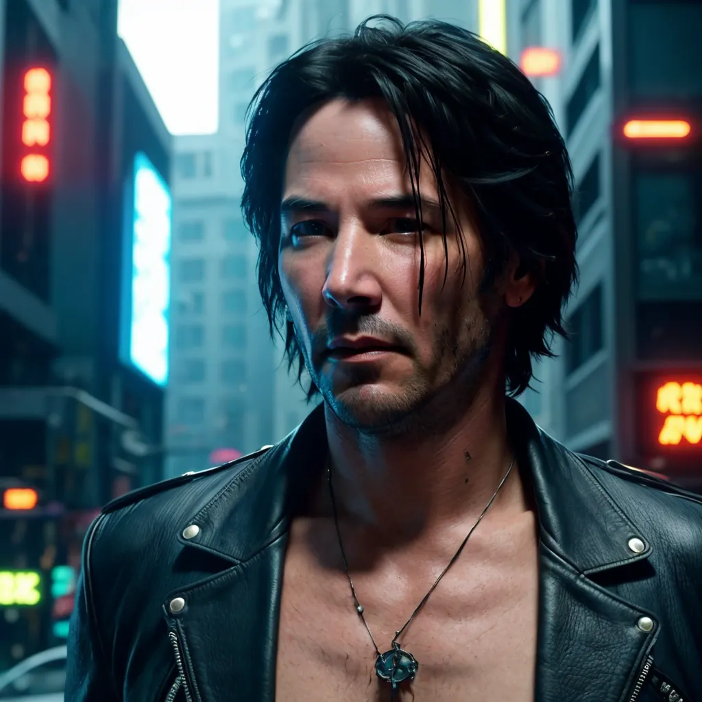 This is a picture of Keanu Reeves. He is standing in a dark street with a city in the background. He is wearing a black leather jacket and a white shirt. His hair is long and dark. He has a beard and a mustache. He looks like he is in his 40s or 50s. He is looking at the camera with a serious expression.