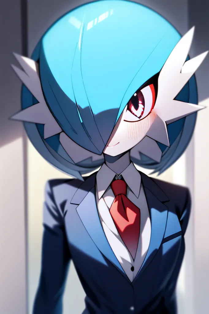 The image is of a humanoid creature with the head of a Gardevoir, a Pokémon. It is wearing a blue suit and red tie. The creature is standing in a room with a white background. It has blue hair and red eyes. It is looking at the viewer with a slight smile on its face