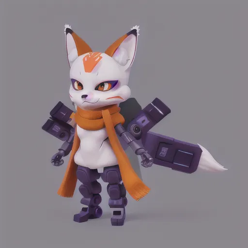 The image shows a small, white fox-like creature with orange and purple accents. It has large, pointed ears and a long, bushy tail. It is wearing a scarf and has a robotic arm and leg. The creature is standing on a gray surface and is looking at the viewer.