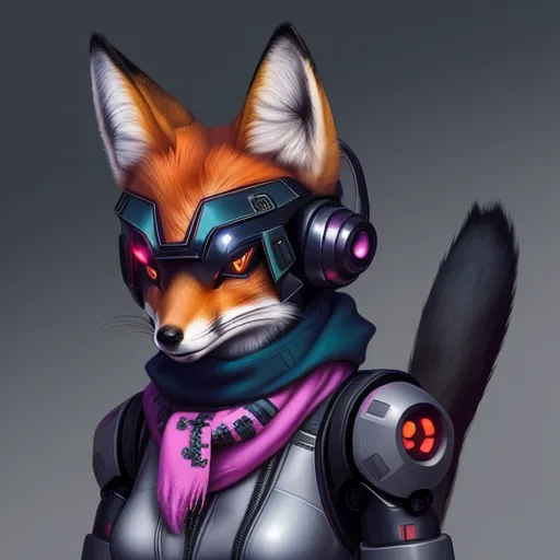 This is an image of a red fox wearing a scarf and a pair of headphones. The fox's ears are perked up and it has a serious expression on its face. It is wearing a futuristic suit of armor and has a robotic arm. The background is a dark grey.