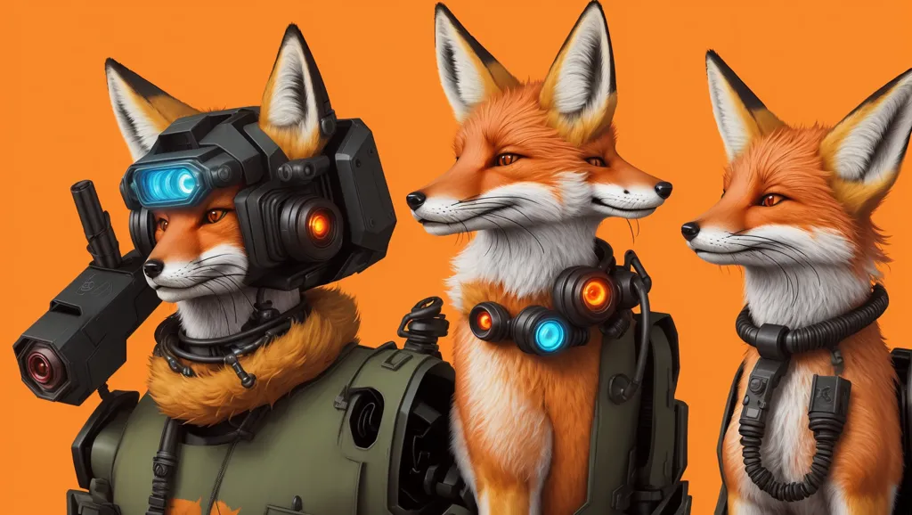 The image shows three anthropomorphic foxes. The first fox, on the left, is wearing a black and green armored suit with a helmet and a gun. The second fox, in the middle, is not wearing any armor but has a glowing blue collar with a small screen on it. The third fox, on the right, is also not wearing armor but has a black collar with a small screen on it. All three foxes have orange fur and black eyes. The background is a solid orange