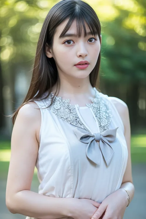 This image shows a young Japanese woman with long dark hair and bangs. She is wearing a white dress with a gray bow at the collar. The background is blurred, and she is looking at the camera with a serious expression.