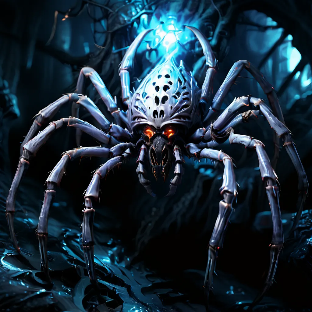 The image is a dark fantasy illustration of a giant spider. The spider is mostly blue-gray in color, with glowing orange eyes and a glowing blue abdomen. It has eight long, segmented legs and a large, hairy body. The spider is standing in a dark, wet cave, surrounded by rocks and dripping water. There is a faint light in the background, which suggests that there is an opening to the outside world somewhere in the cave. The spider is a menacing creature, and it is clear that it is not afraid to attack if it is threatened.