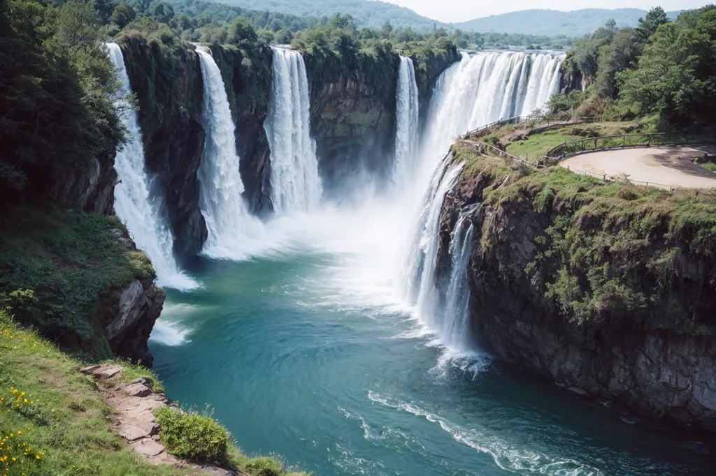 The image shows a waterfall in a valley. The waterfall is very wide and the water is falling from a great height. The waterfall is surrounded by cliffs and trees. The water is a beautiful blue-green color. There is a walkway along the top of the cliff, with a fence to keep people from falling over.