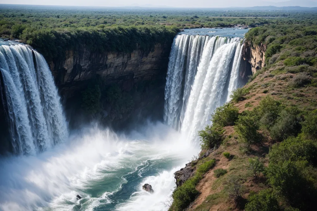 The image shows a waterfall in a tropical rainforest. The waterfall is very wide and the water is falling from a great height. The waterfall is surrounded by a lush green forest. The water at the bottom of the waterfall is very white and foamy. The waterfall is a very beautiful and majestic sight.