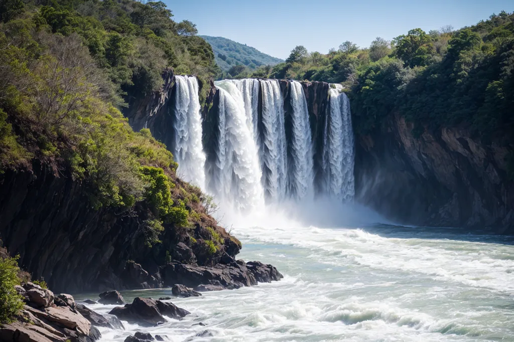 The image shows a waterfall in a forest. The waterfall is very wide and the water is falling from a great height. The waterfall is surrounded by several large rocks and the water is splashing on the rocks. The waterfall is in a forest and the trees are very tall and green. The waterfall is very beautiful and it is a popular tourist destination.