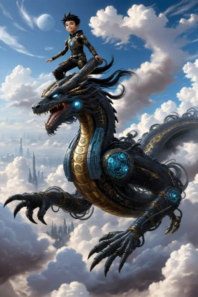 A boy is riding on the back of a black and gold dragon. The dragon is flying in a cloudy sky above a city. The boy is wearing a black and gold suit of armor. The dragon has blue glowing eyes and a mouth full of sharp teeth.