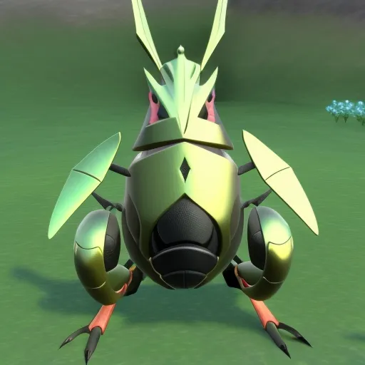 The image shows a robot-like creature with a metallic green body and black claws. It has a large head with red eyes and a mouth, and there are two antennae on the top of its head. The creature is standing on four legs, and it has a large, round body. It is a shiny Scizor, a Pokémon