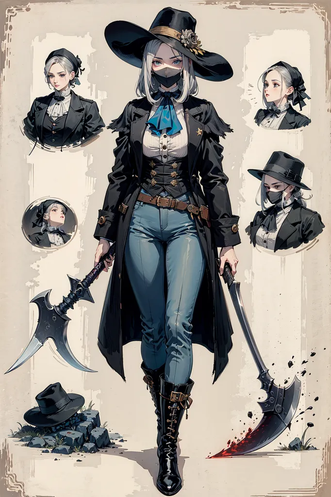 The image shows a woman wearing a black hat, a black coat, a white shirt, and blue jeans. She is also wearing a white mask and a brown belt with a golden buckle. She is holding a large scythe in her right hand. There are four smaller images of her head in different angles on the left side of the main image.