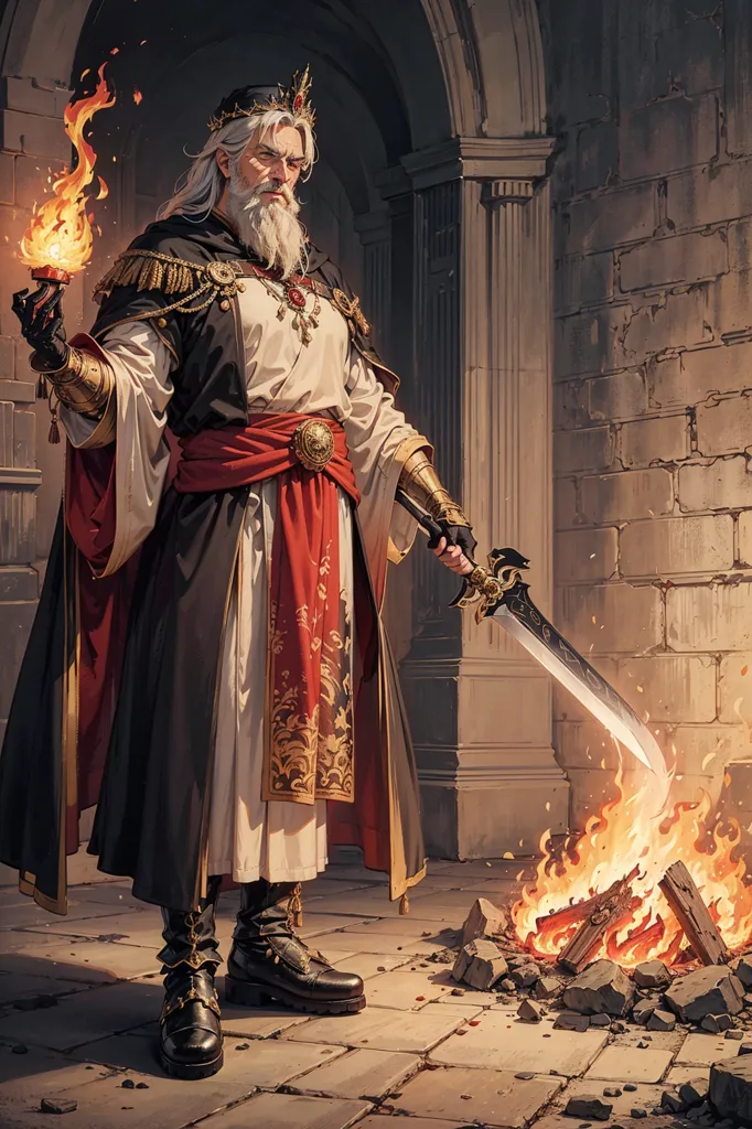 The image shows a tall, old man with long white hair and a beard. He is wearing a black and red robe with a white undershirt. He is also wearing a crown and has a sword in one hand and a fireball in the other hand. He is standing in front of a stone building.