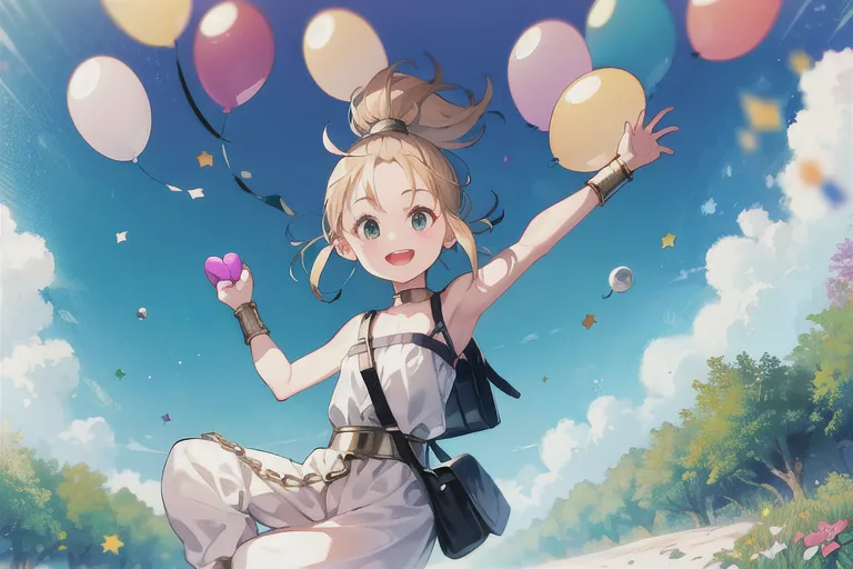 L'image montre une jeune fille sautant dans les airs, les bras étendus. Elle porte une combinaison blanche et une ceinture marron. Ses cheveux blonds sont attachés en queue de cheval et elle a les yeux verts. Elle est entourée de ballons colorés et il y a des étoiles et des cœurs qui flottent autour d'elle. L'arrière-plan est un ciel bleu avec des nuages blancs. La fille sourit et semble heureuse.