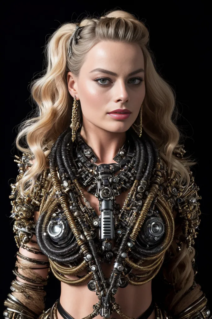 The photo shows a woman, with blonde hair and green eyes, wearing a very elaborate outfit made of metal and wires. She is looking at the camera with a serious expression. The outfit covers her chest and arms, and is made up of many different pieces of metal, including gears, cogs, and wires. The outfit also has a number of small lights attached to it.