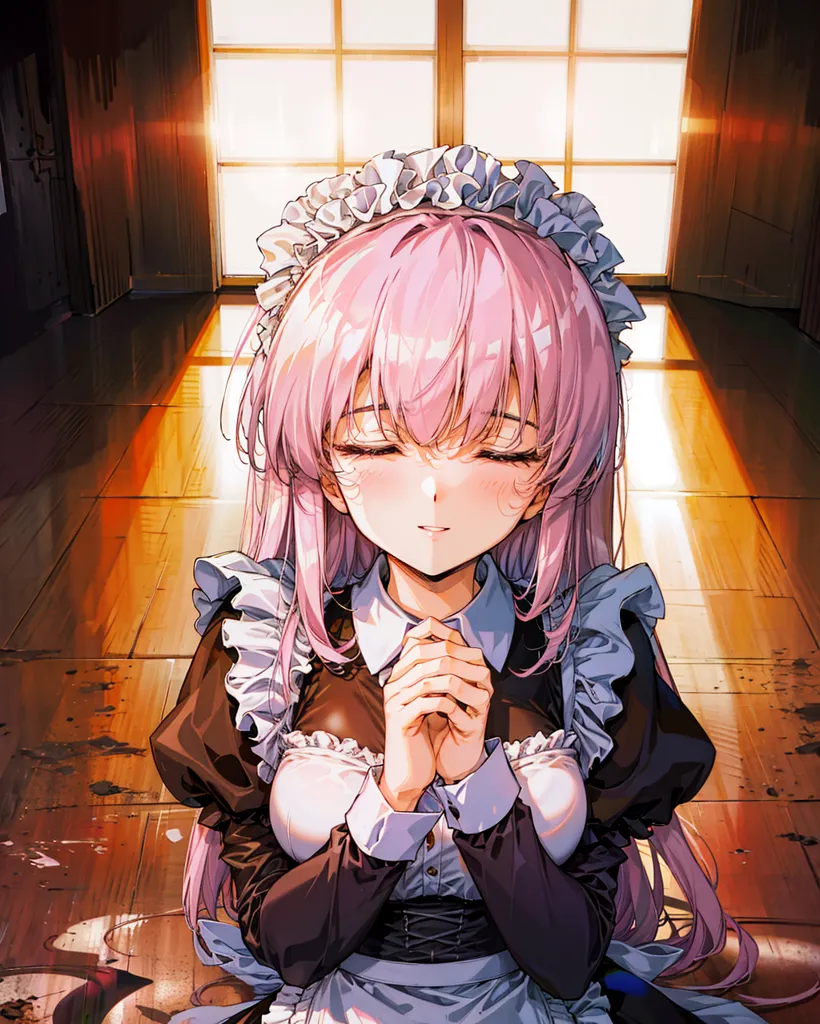 The image is a painting of a young woman dressed in a maid's outfit. She has pink hair and purple eyes, and she is kneeling on the floor with her hands clasped together in prayer. She is wearing a white apron and a black dress with a white collar. The background is a wooden floor with a door and two windows. The light from the windows is shining on the woman's hair and face.