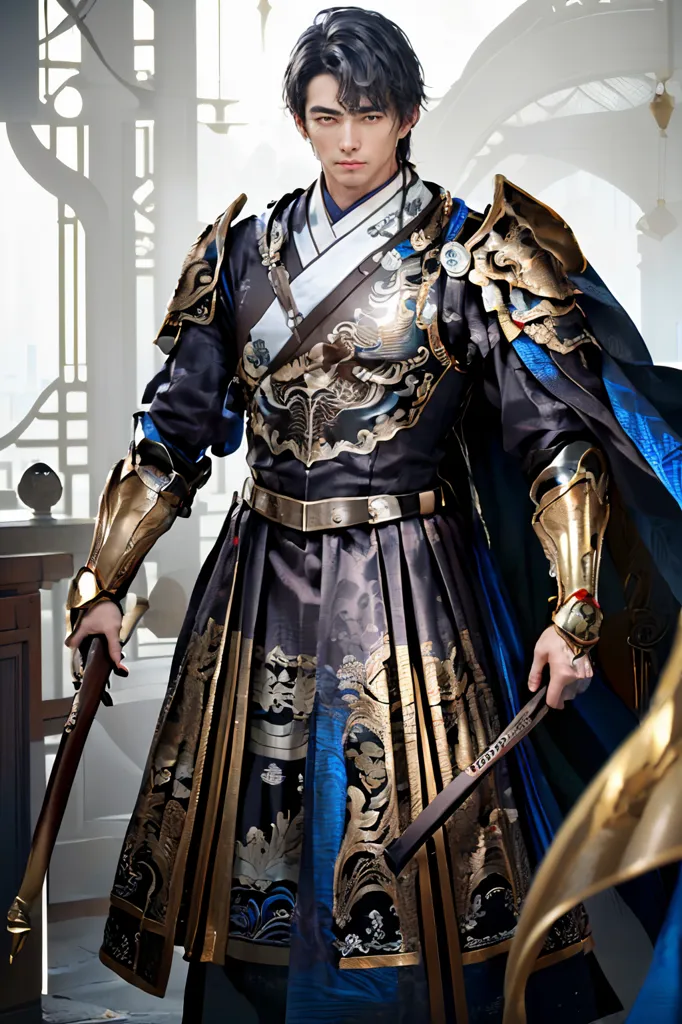 Gambar ini menunjukkan seorang pria dengan Hanfu berwarna hitam dan emas dengan aksen biru. Dia memiliki rambut hitam panjang dan mata biru. Dia mengenakan pedang di pinggangnya dan sebilah pisau di tangan kirinya. Dia berdiri di dalam ruangan dengan latar belakang putih.