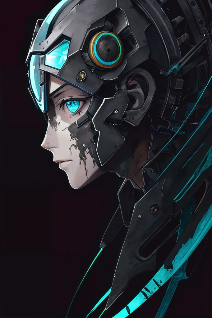 The image is a dark portrait of a person wearing a futuristic helmet. The person's face is partially obscured by the helmet, but their eyes are visible and they are a light blue color. The helmet is made of metal and has a blue light on the forehead. The person's hair is dark and short. The background is black.