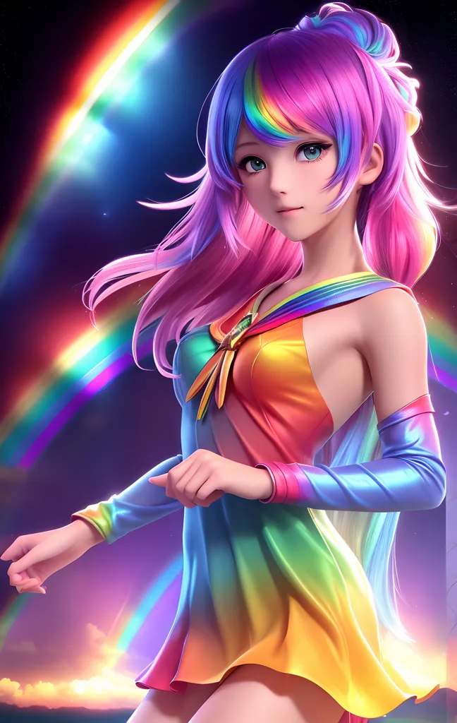 The image is a portrait of a young woman with long, flowing pink hair. She is wearing a rainbow-colored dress and has a serene expression on her face. The background is a dark blue night sky with a rainbow of colors swirling around her. She is also wearing blue sleeves.