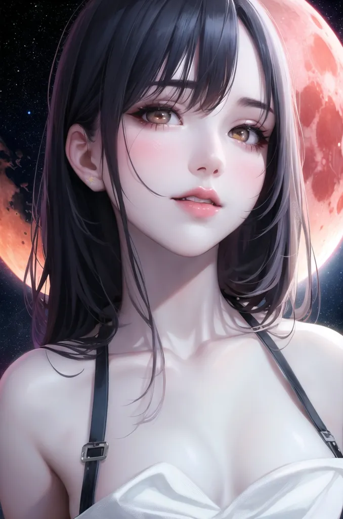 The image is a portrait of a young woman with long black hair, brown eyes, and a slight blush on her cheeks. She is wearing a white dress with black straps. The background is a dark sky with a red moon. The woman's expression is one of calm contentment.