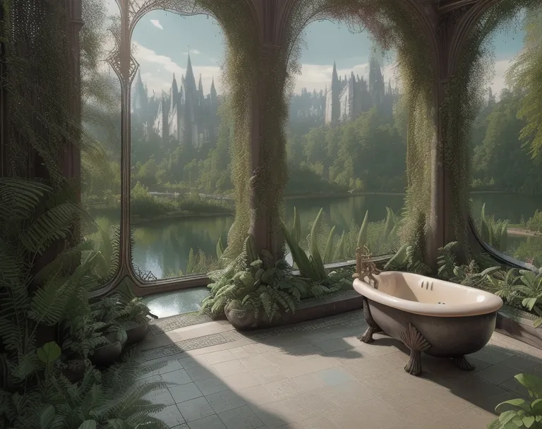 The image is a beautiful bathroom with a large window that looks out onto a lush green landscape. There is a bathtub in the center of the room, and plants are growing all around it. The walls are made of stone, and the floor is tiled. The ceiling is high, and there is a skylight that lets in natural light. The bathroom is decorated in a rustic style, and it looks like it would be a very relaxing place to take a bath.