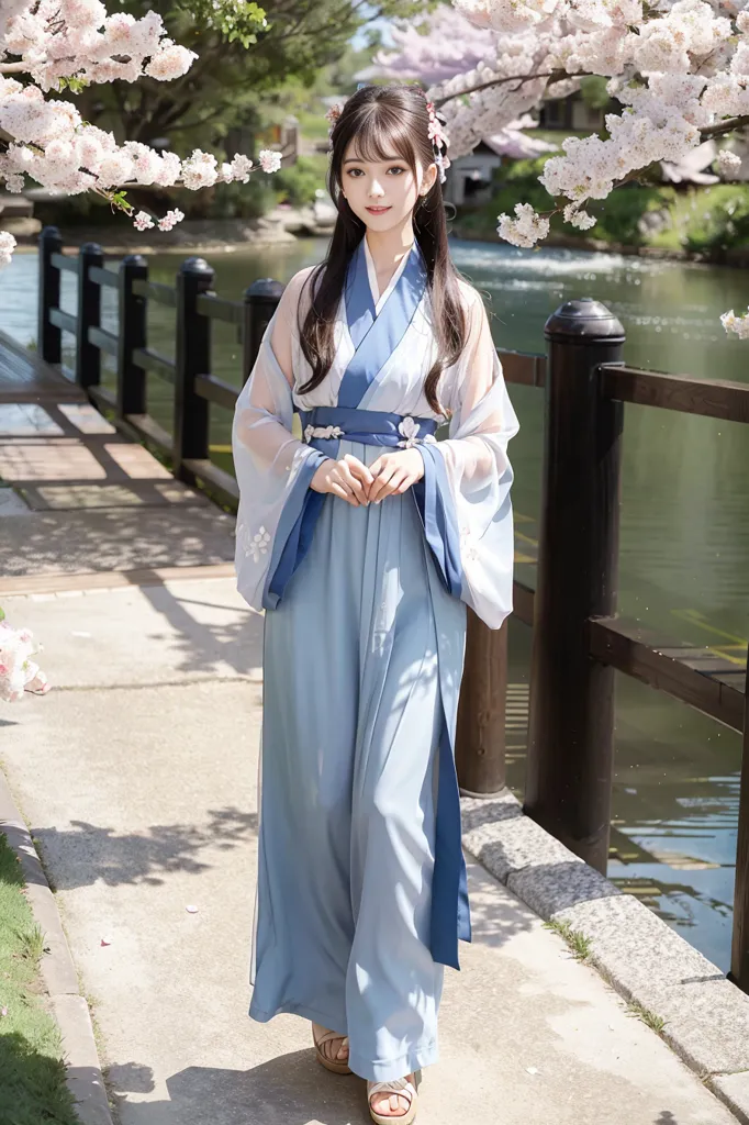 The image shows a young woman wearing a blue hanfu with white and pink floral designs. The hanfu is a traditional Chinese dress. The woman is standing on a stone path next to a pond. There are cherry blossom trees in the background. The cherry blossom trees are in bloom and the petals are falling. The woman is looking at the cherry blossoms. She has a serene expression on her face. The image is peaceful and relaxing.