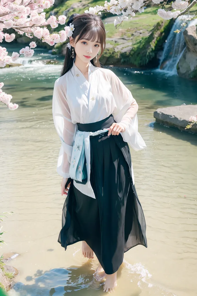 A imagem mostra uma jovem mulher vestindo um vestido tradicional chinês, em pé em um rio. O vestido é branco e preto, com uma saia longa e um casaco curto. A mulher tem cabelos pretos longos e está usando uma flor rosa no cabelo. Ela também está usando um colar e brincos. O fundo da imagem é uma cachoeira, com cerejeiras rosas nas árvores. A água é clara e azul-esverdeada. A imagem é muito bonita e pacífica.