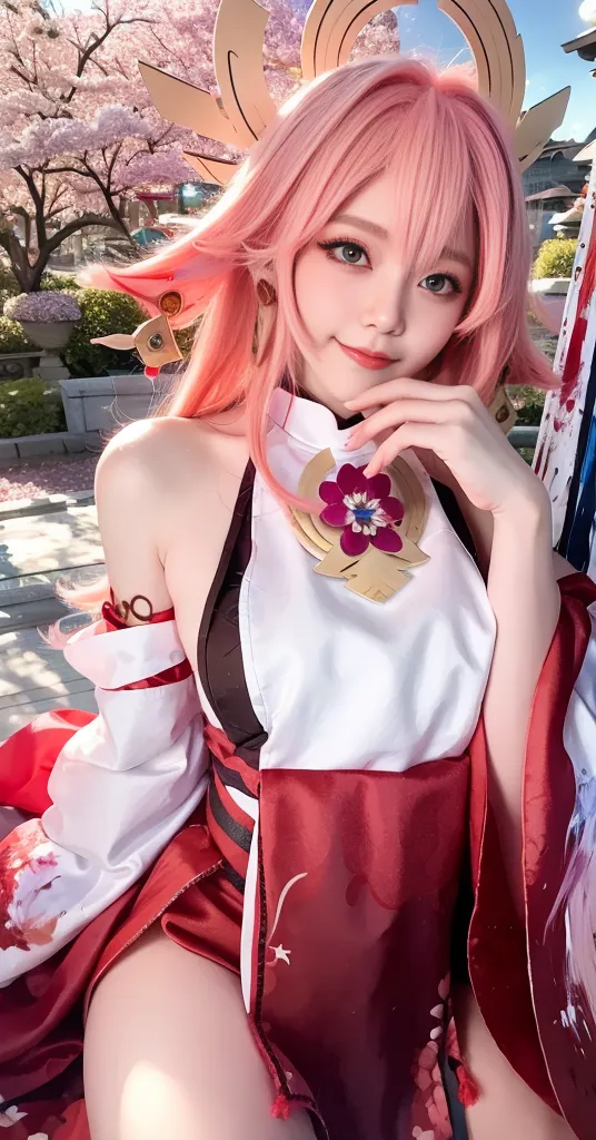 The image is a photo of a young woman dressed in a cosplay of the character Yae Miko from the video game Genshin Impact. She is sitting on a stone railing in a garden, with a pink and white blossom tree in the background. The woman is wearing a white and red kimono-style dress with a pink obi, and has long pink hair and green eyes. She is also wearing a fox mask. The photo is taken from a low angle, and the woman is looking down at the camera with a sly expression on her face.